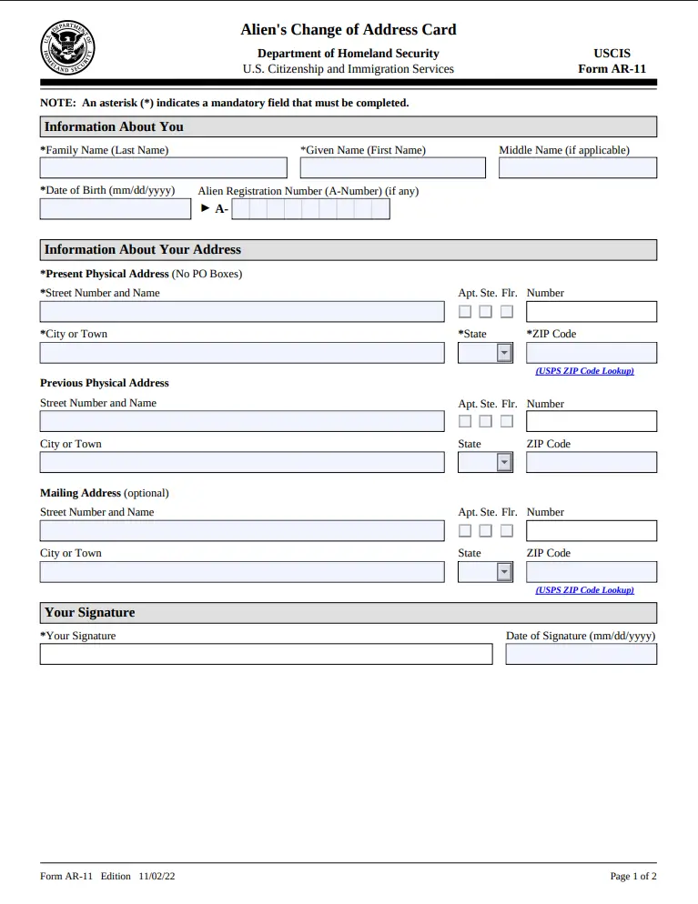 formular za promenu adrese stranca u Americi